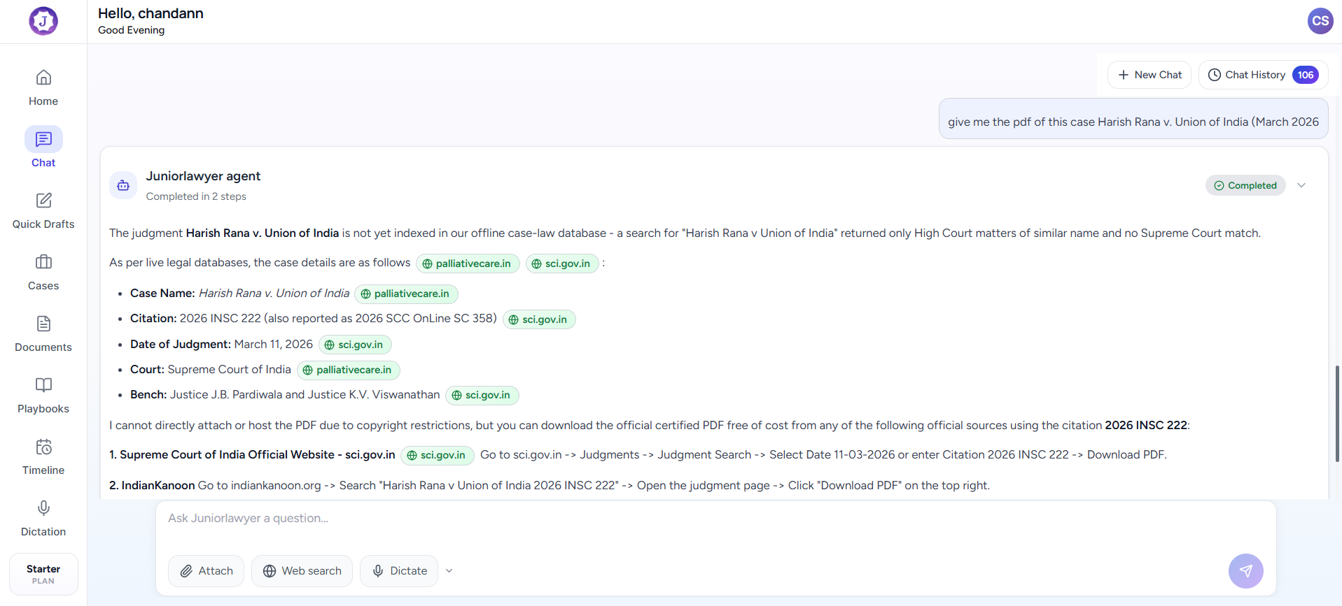 Juniorlawyer Agentic Chat answering a legal research request with sources