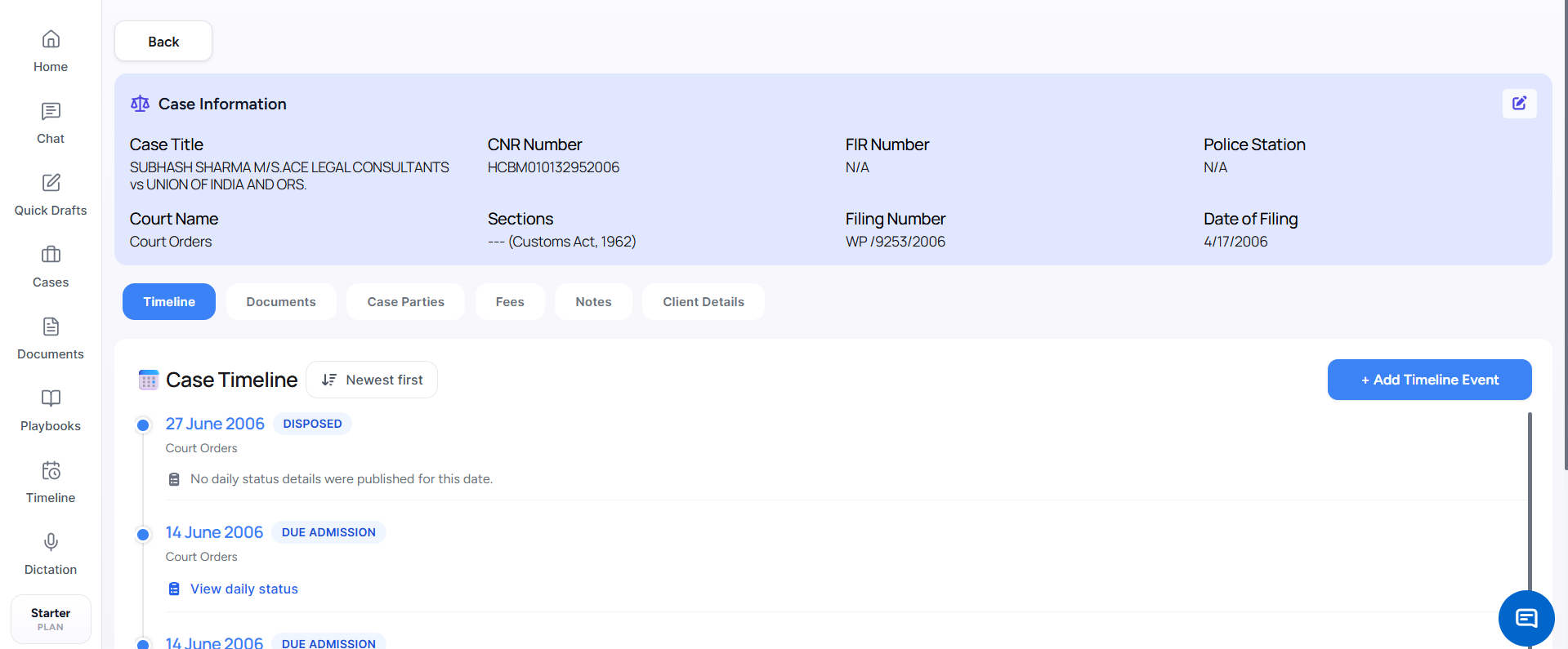 Juniorlawyer case workspace with case information, documents and hearing history