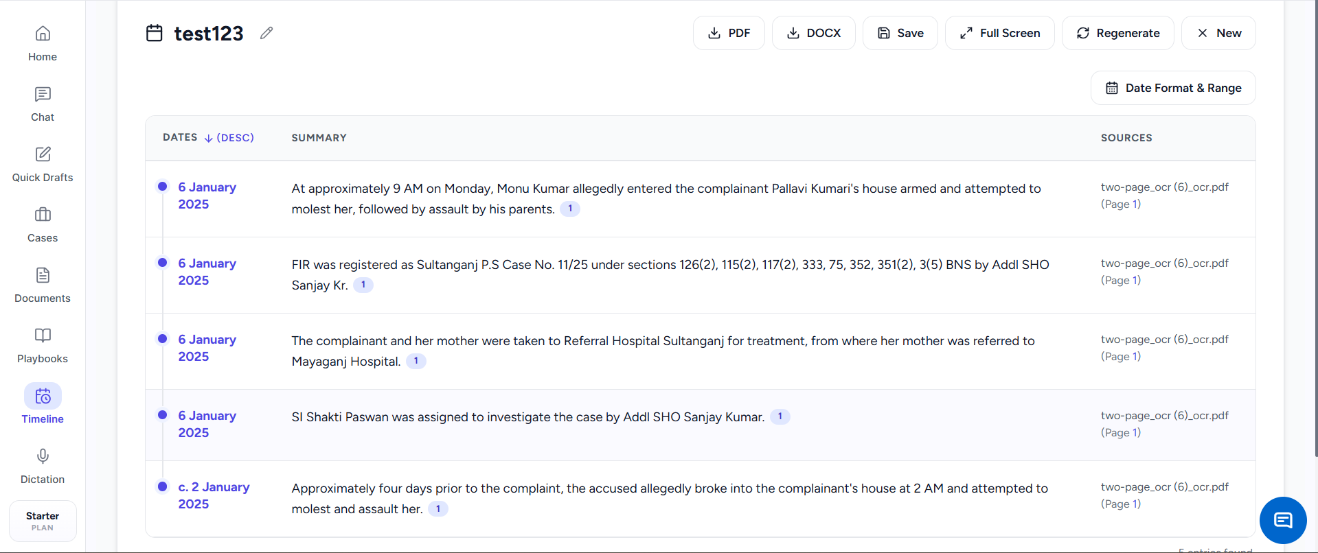 Juniorlawyer chronology showing dated events and their source documents