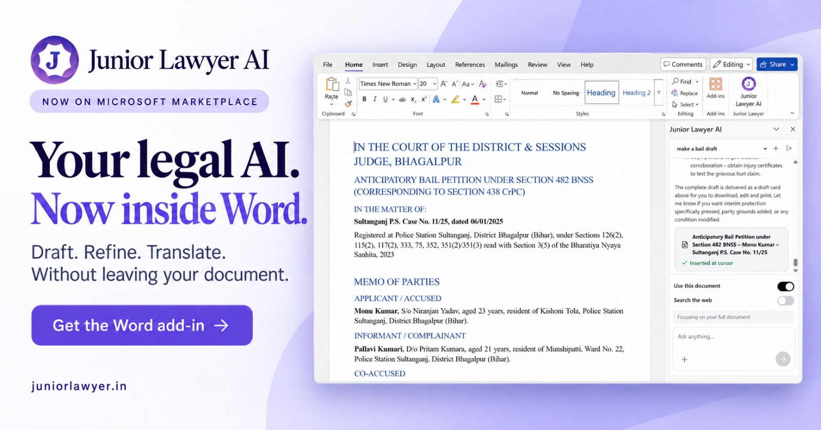 Junior Lawyer AI running as a side panel in Microsoft Word, with an anticipatory bail petition drafted in the document
